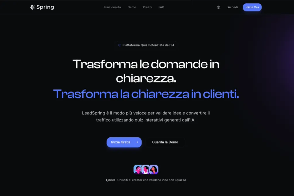 Anteprima del progetto «SaaS per la validazione di idee tramite quiz AI. Multilingue, con Stripe e analytics.» realizzato per LeadSpring Anteprima del progetto «SaaS per la validazione di idee tramite quiz AI. Multilingue, con Stripe e analytics.» realizzato per LeadSpring